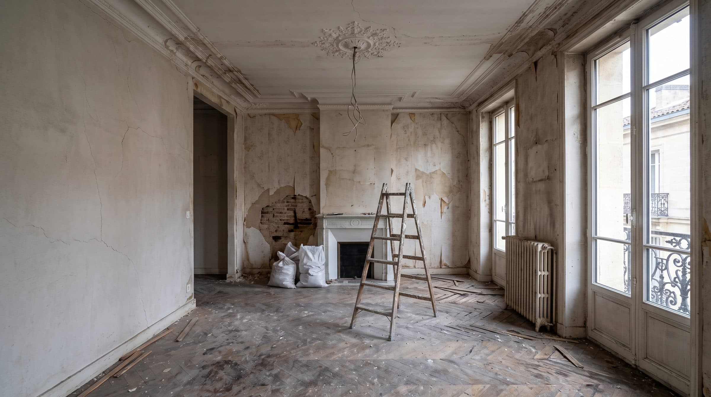 Séjour d'un appartement ancien avant travaux : parquet abîmé, papier peint arraché, cheminée et moulures d'origine