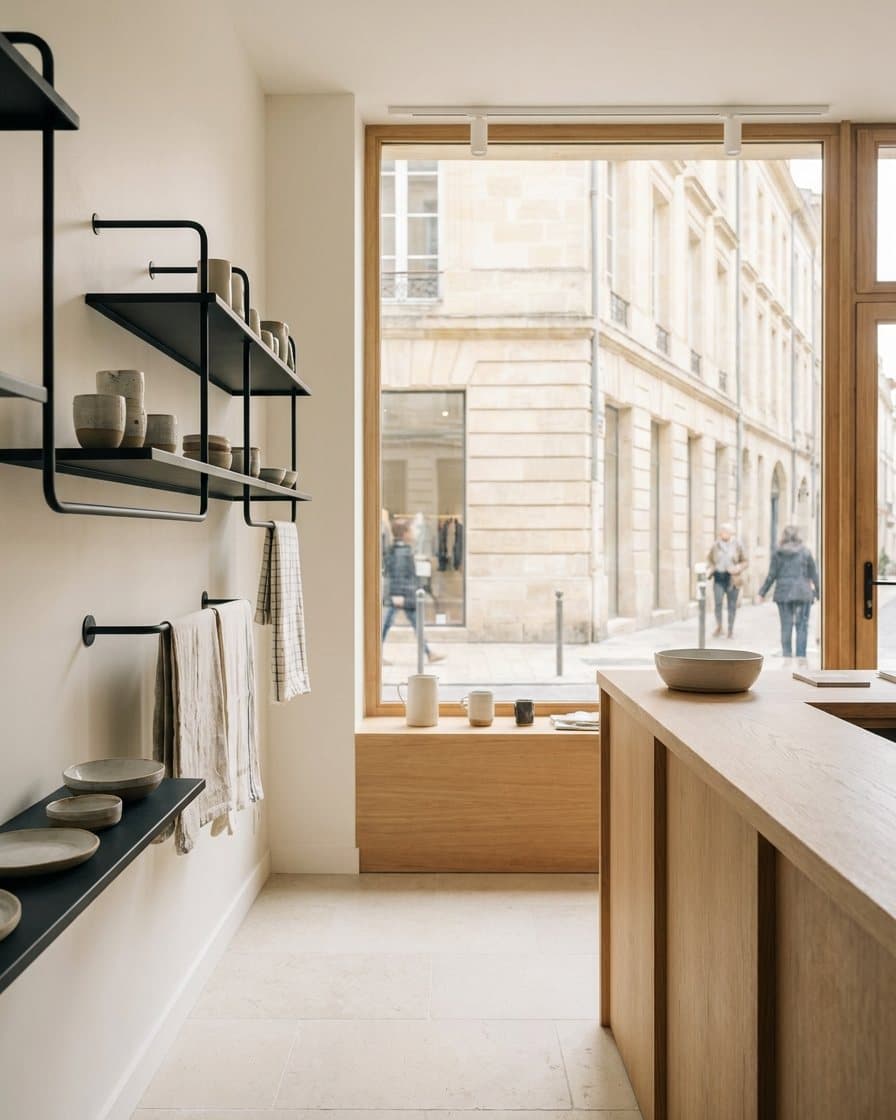 Boutique rénovée dans une rue en pierre blonde : comptoir en chêne clair et grande vitrine